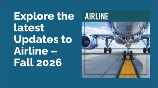 Promotional banner announcing airline updates for Fall 2026, with bold white text on blue and an airplane on the right.